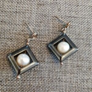 Faux Pearl and Hematite Earrings - Pre-loved (1.25")